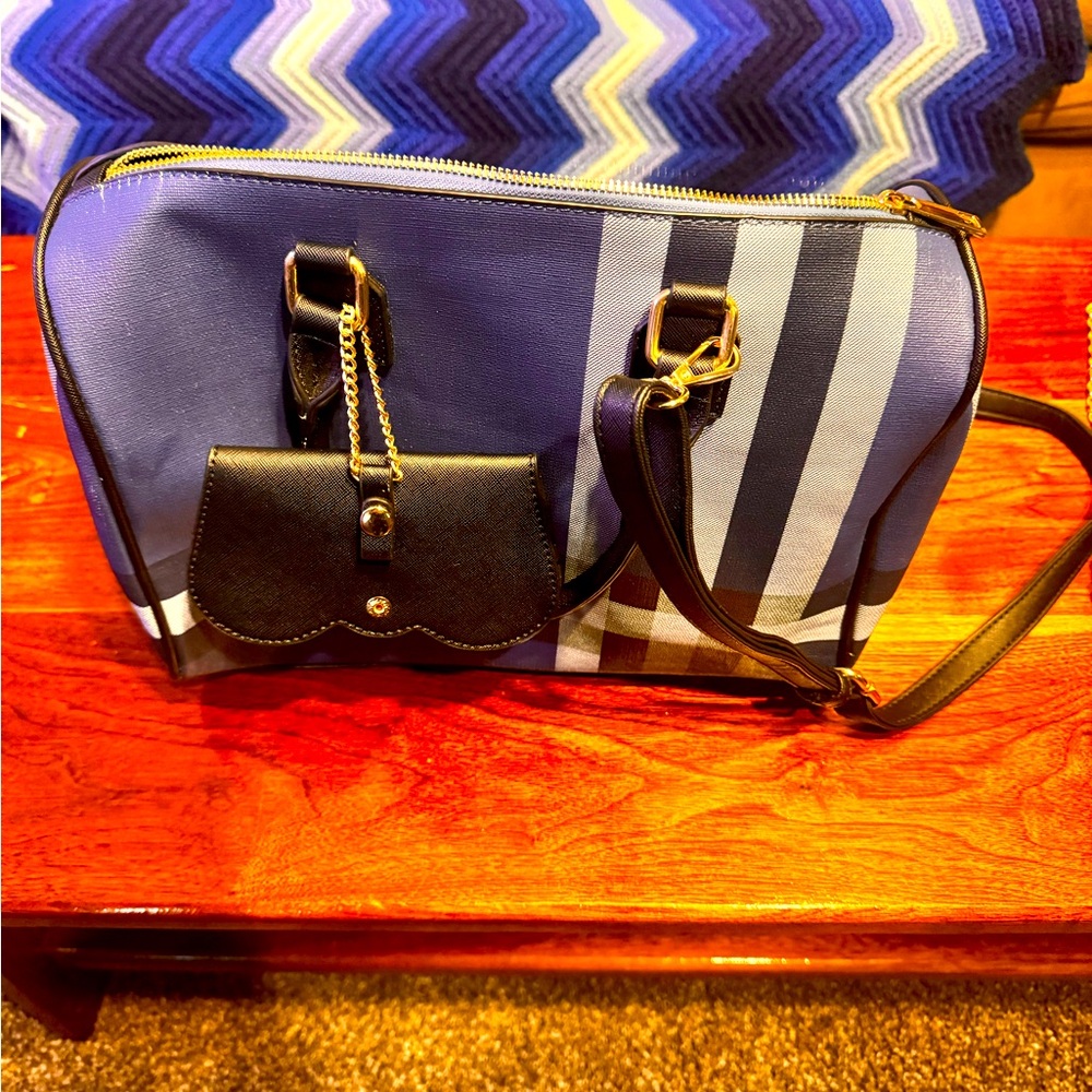 Blue plaid bag with mini handbag